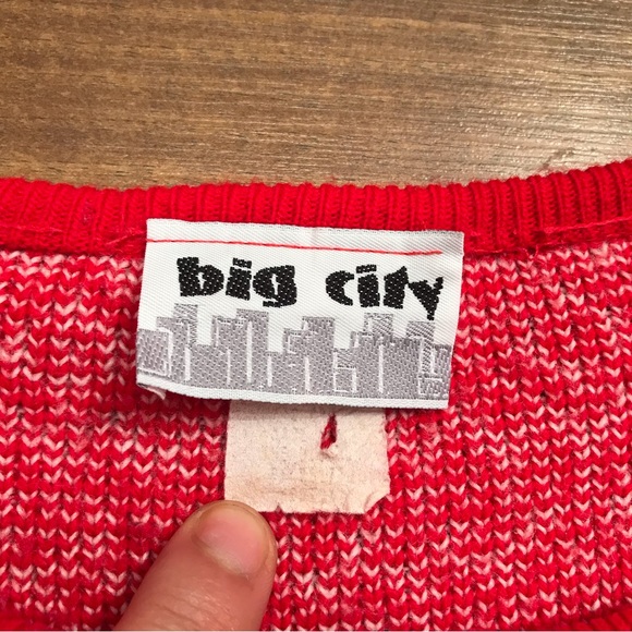 Vintage knit zip up crewneck sweater bright red white semi cropped Big City - Picture 5 of 8